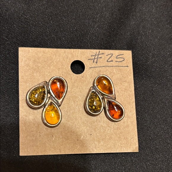Vintage tricolors Amber stud sterling post earrings approximately 1 inch - Picture 3 of 6